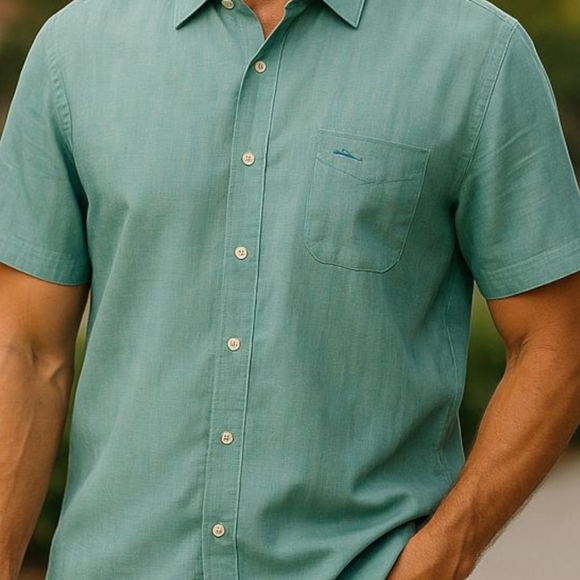 Tommy Bahama Other - Tommy Bahama-Men's Cotton Short Sleeve, Aqua In Color Button Down, Logo On Chest